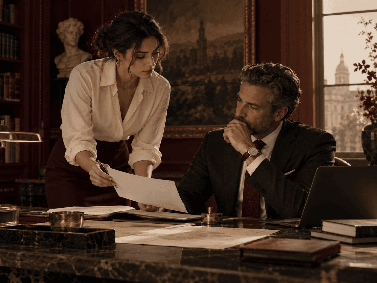 Two serious professionals reviewing work together in a focused accountability conversation
