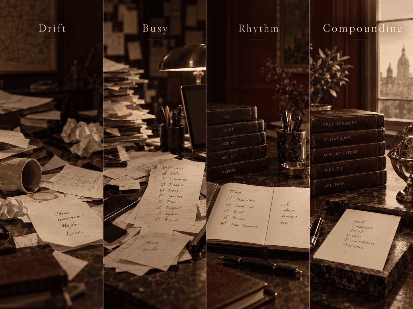 A visual progression from Drift to Busy to Rhythm to Compounding
