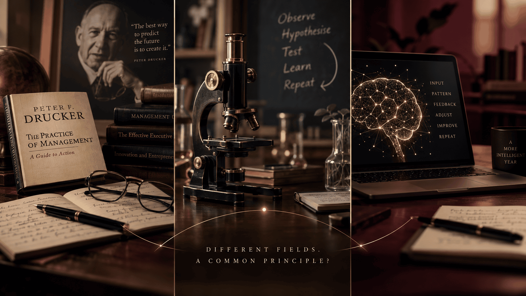Editorial triptych connecting management thought, scientific inquiry and artificial intelligence