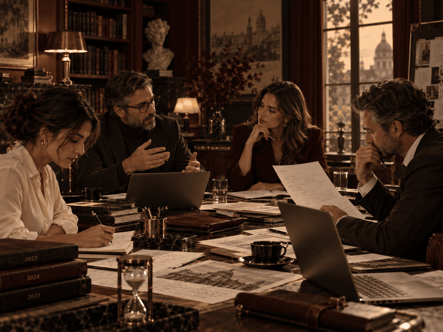 Serious founders and professionals preparing work and discussing progress together