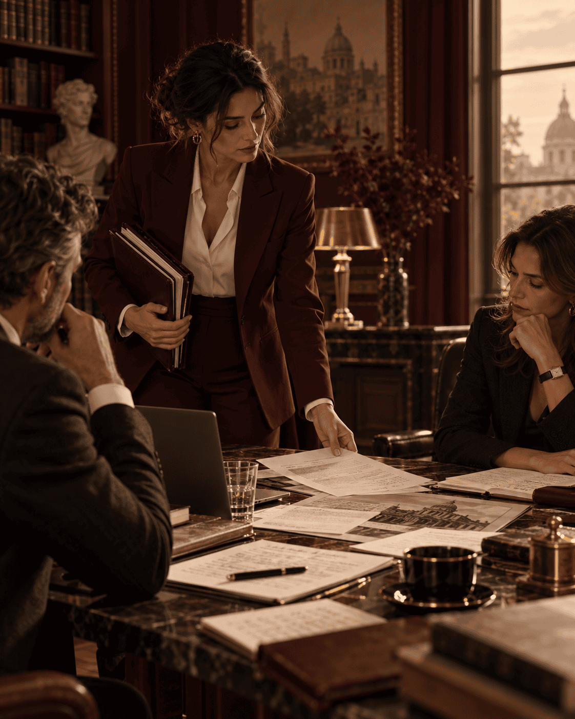 A professional bringing notes, evidence and completed work into a serious review conversation